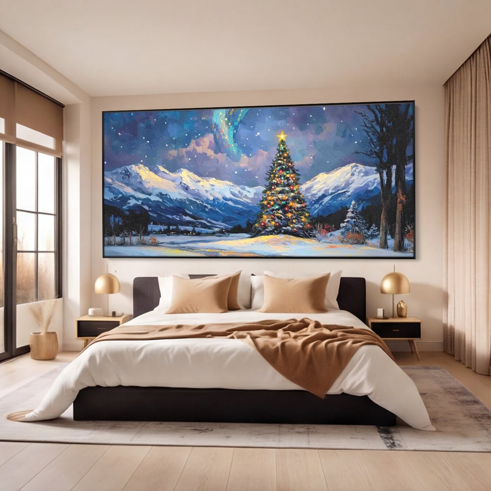Tablou canvas cu tablou canvas cu brad impodobit noaptea, in rama de aluminiu negru, pe perete intr-un dormitor